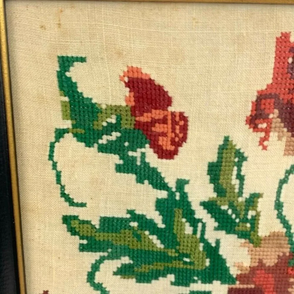 Vintage Framed Finished‎ Needlework Wall Hanging Picture Floral Cottagecore 1964